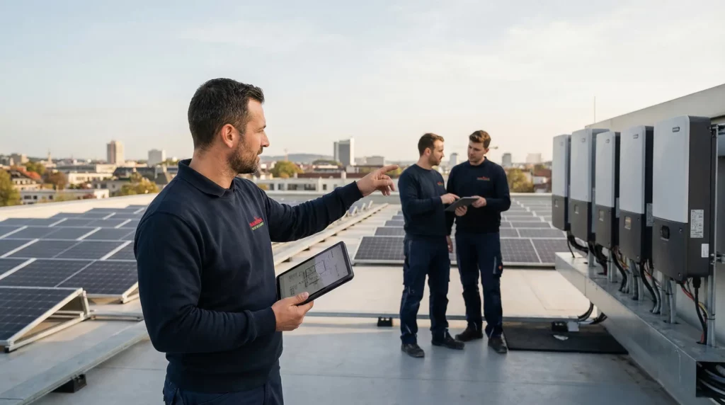 Elektromeister mit Tablet koordiniert Arbeiten an Wechselrichtern auf einem Dach mit Photovoltaikanlage