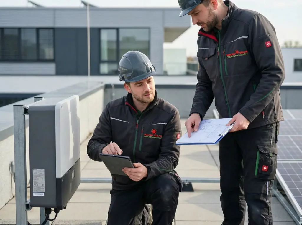 Zwei Techniker prüfen auf dem Dach ein Gerät mit Tablet und Bauunterlagen neben Photovoltaikanlage