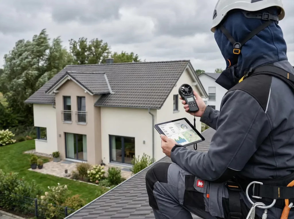 Ein Techniker steht im Freien und prüft auf einem Tablet die Daten einer Windmessung während im Hintergrund eine hügelige Landschaft mit potenziellem Standort für kleine Windkraftanlagen zu sehen ist.