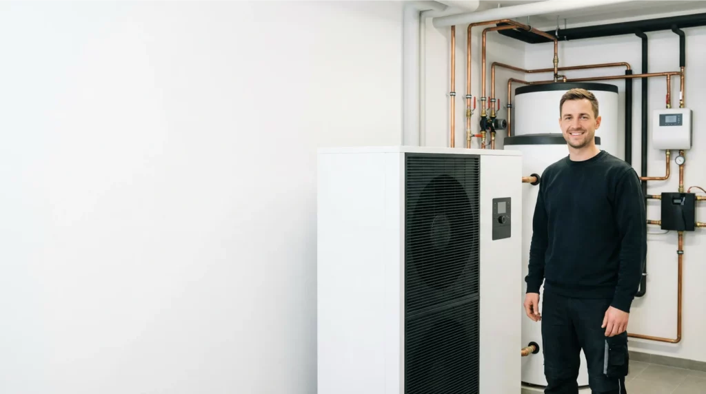 Ein Anlagenmechaniker arbeitet konzentriert an der Verrohrung eines Wärmespeichers und nutzt dabei professionelles Werkzeug für eine saubere Installation.