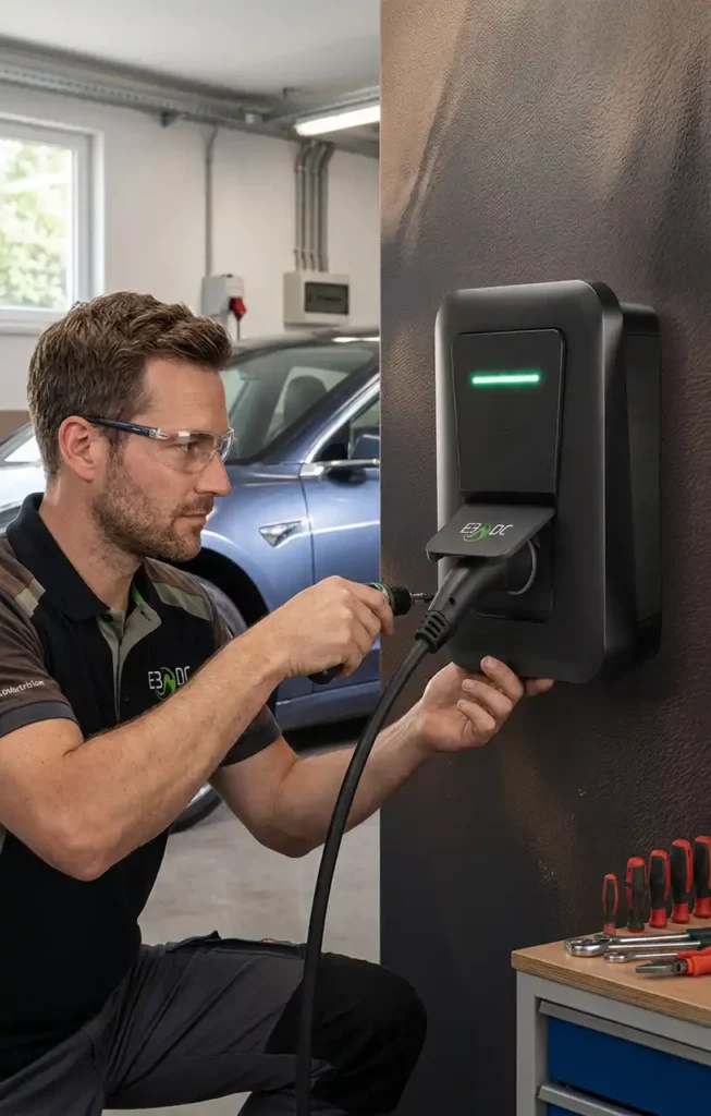 Techniker installiert E3 DC Wallbox in der Garage neben Elektroauto bei Mauro Solar