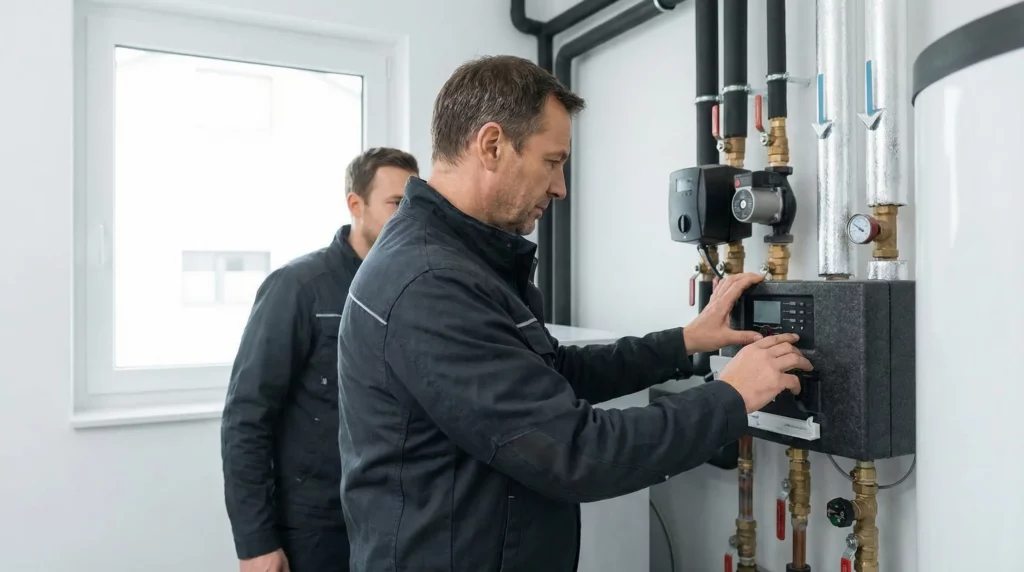 Ein freundlicher Heizungsbauermeister in Arbeitskleidung mit Mauro Solar Logo hält ein Tablet und erklärt technische Details vor einer modernen Heizungsanlage.
