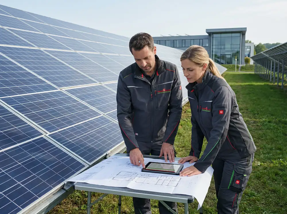 Zwei Mitarbeitende planen eine Solaranlage an einem Tisch neben Photovoltaikmodulen