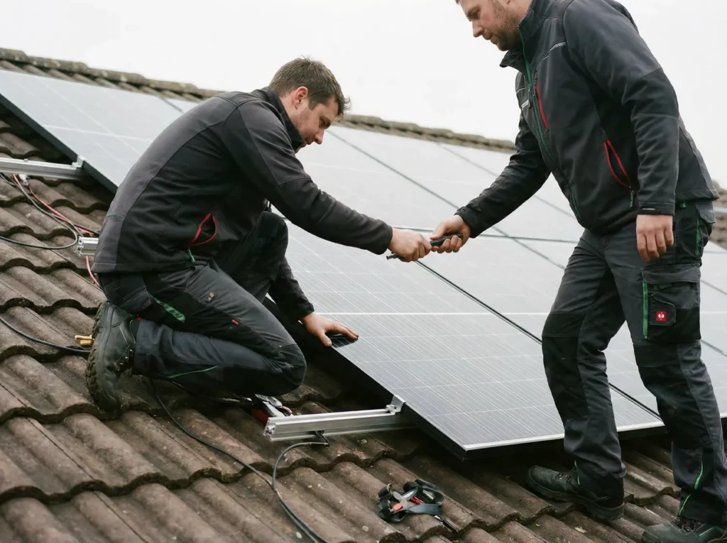 Zwei Monteure montieren Photovoltaikmodule auf einem geneigten Ziegeldach