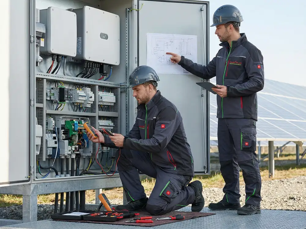 Zwei Techniker prüfen geöffnete Schaltanlage einer Solaranlage mit Messgerät und Tablet