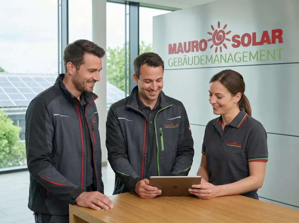 Drei Mitarbeitende von Mauro Solar besprechen gemeinsam Inhalte an einem Tisch im Büro