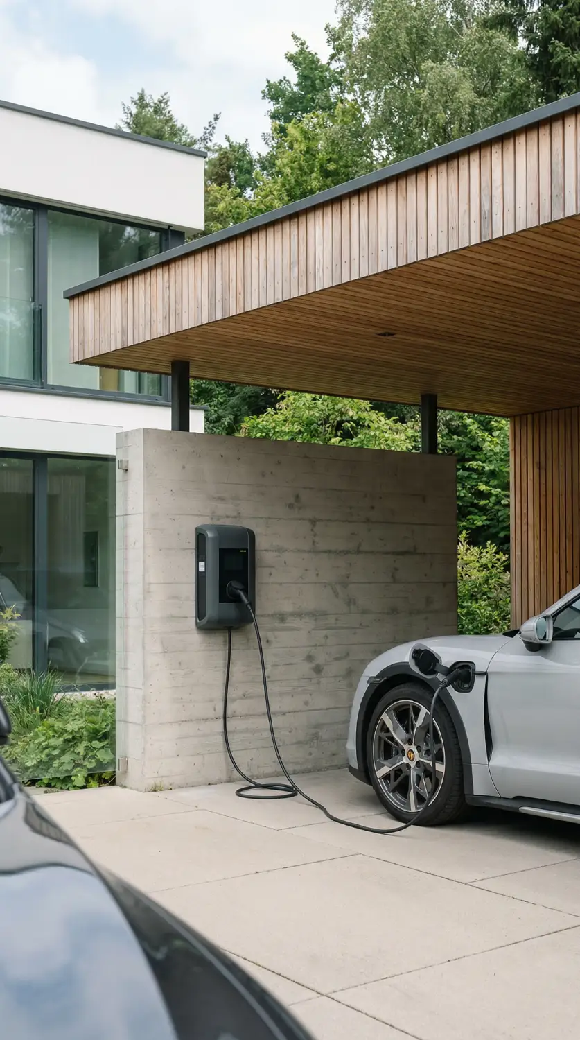 Elektroauto lädt an Wallbox unter modernem Carport vor Wohnhaus