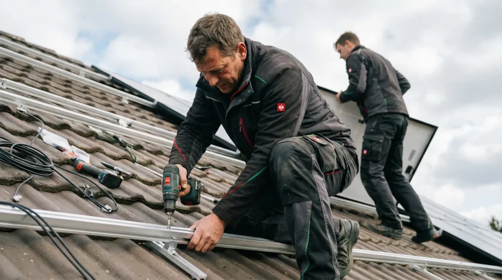 Zwei Dachmonteure montieren eine Photovoltaikanlage auf einem Schrägdach und befestigen die Unterkonstruktion sowie ein Solarmodul.
