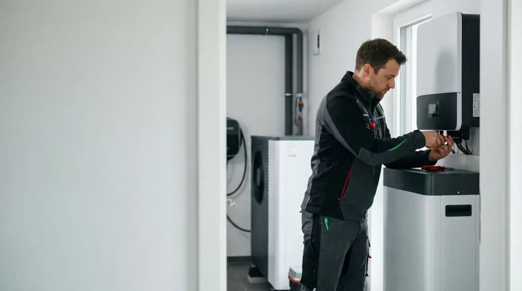 Elektriker montiert einen Stromspeicher in einem modernen Technikraum und arbeitet an einem Energiesystem mit Wechselrichter und Wallbox.