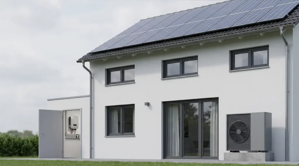 Modernes Einfamilienhaus mit PV-Anlage auf dem Dach und Wärmepumpen-Außeneinheit neben der Terrasse, links geöffneter Technikraum mit sichtbarem Wechselrichter.