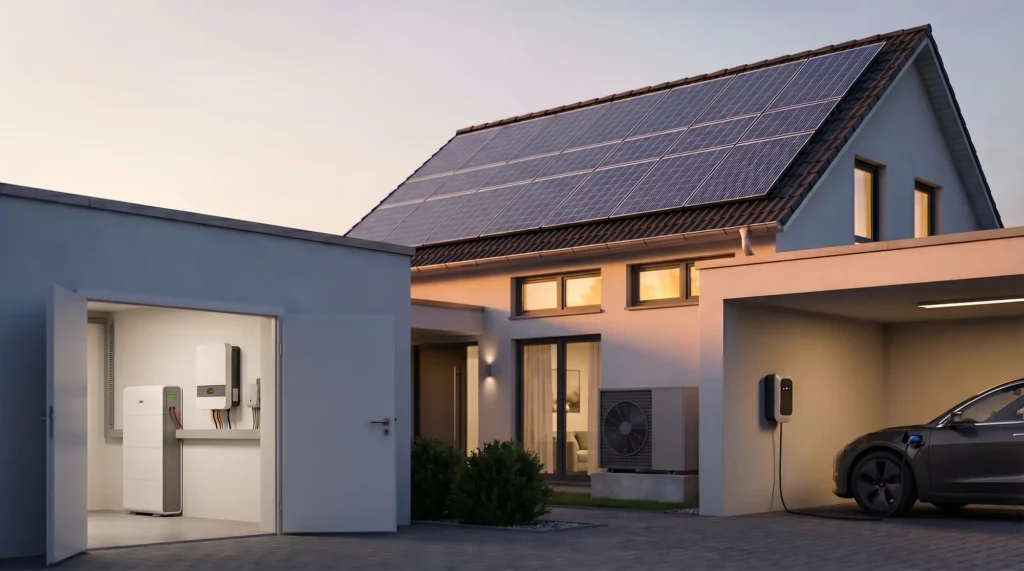 Einfamilienhaus mit PV-Anlage, Stromspeicher, Wärmepumpe und Wallbox am Abend
