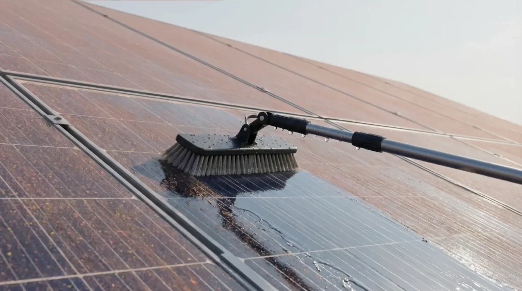 PV-Module werden mit Bürste und Wasser gereinigt, Schmutzfilm ist sichtbar
