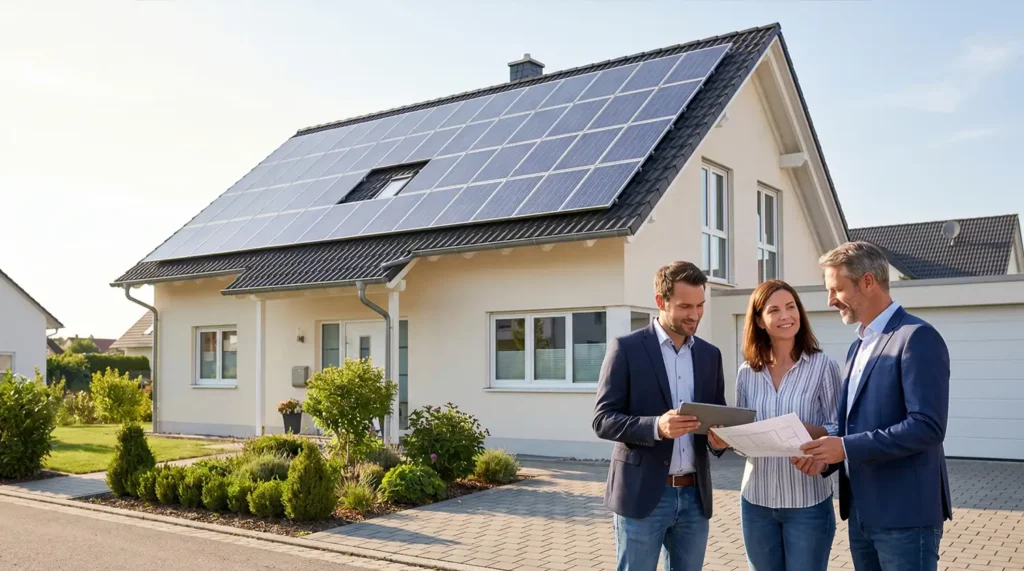 Beratungssituation vor einem Einfamilienhaus mit PV-Anlage auf dem Dach: Berater und Hausbesitzer besprechen Planung auf Tablet, Fokus auf passende Lösung statt nur Preis.