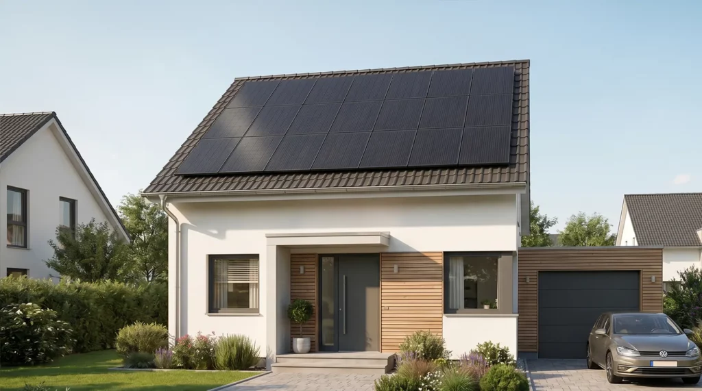 Modernes Einfamilienhaus mit großer PV-Anlage auf dem Satteldach, gepflegtem Vorgarten und Einfahrt mit geparktem Auto.