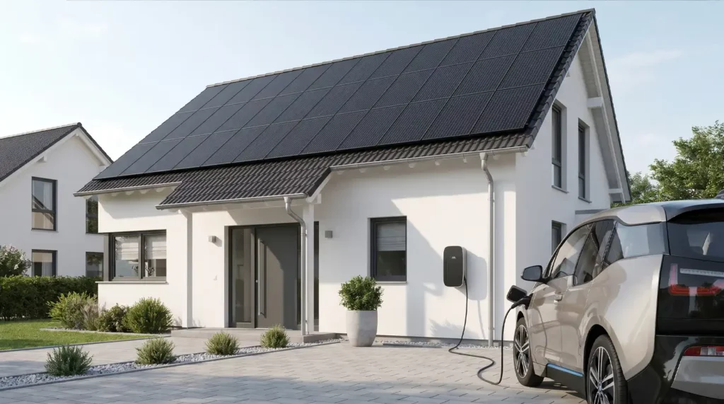 E-Auto lädt an einer Wallbox vor einem Einfamilienhaus mit PV-Anlage auf dem Dach.