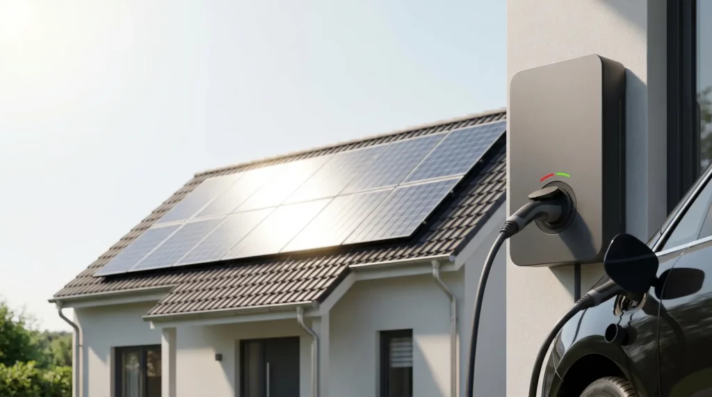 Wallbox lädt E-Auto am Einfamilienhaus, PV-Anlage im Hintergrund bei Sommersonne in NRW