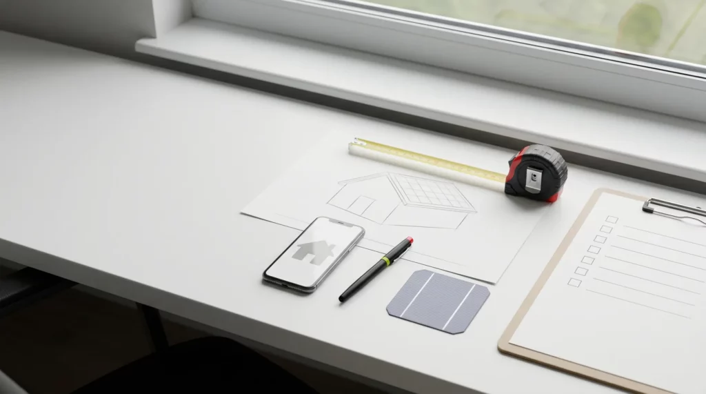 PV-Checkliste auf Klemmbrett neben Hausskizze, Maßband, Stift und PV-Modul Muster am Fensterbrett für PV-Planung.