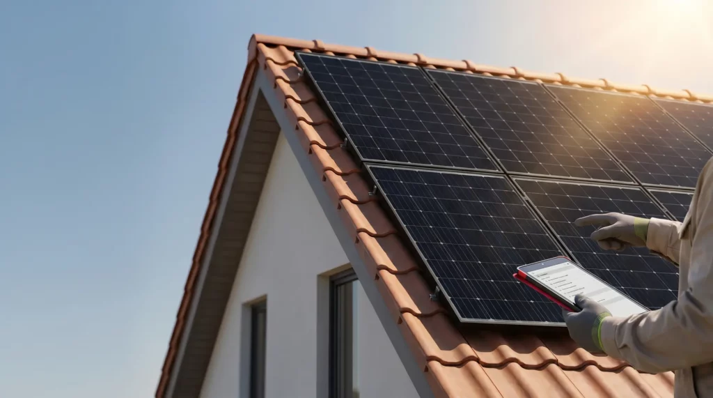 PV-Anlage auf Hausdach im Sommer, Techniker prüft Module per Tablet beim Sommercheck.