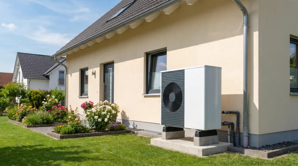Wärmepumpe im Sommer am Einfamilienhaus mit Außengerät im Garten