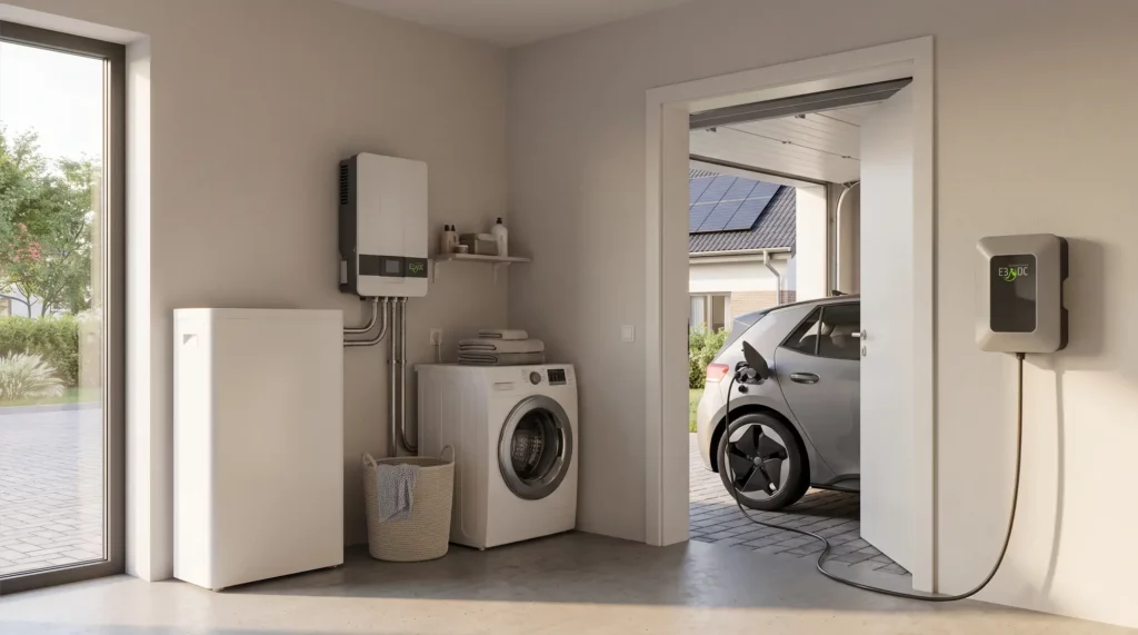 Hauswirtschaftsraum mit Stromspeicher, Waschmaschine und E-Auto an einer E3/DC-Wallbox bei sichtbarer PV-Anlage