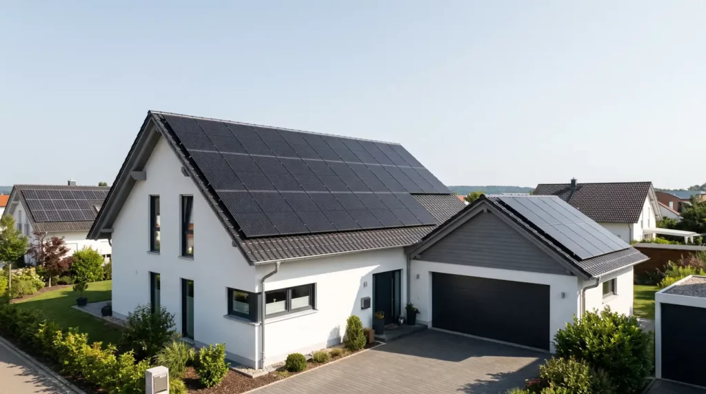 Einfamilienhaus mit PV-Anlage auf mehreren Dachflächen zur Planung von Dachform und Ausrichtung
