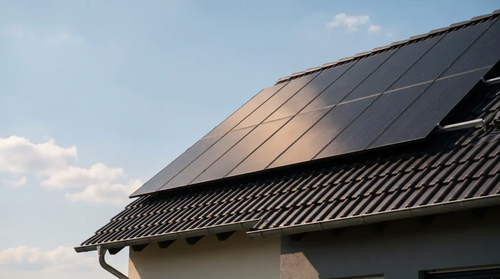 PV-Anlage mit sichtbarer Hinterlüftung auf einem Ziegeldach an einem sonnigen Sommertag