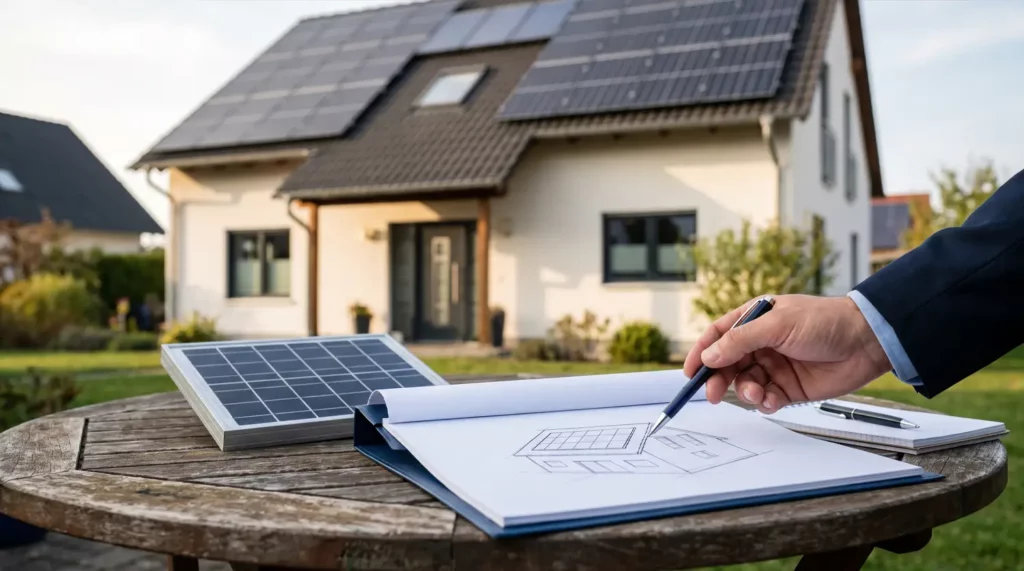 Vor-Ort-Beratung zu PV-Mythen mit Dachskizze, Solarmodul und Einfamilienhaus mit Photovoltaikanlage