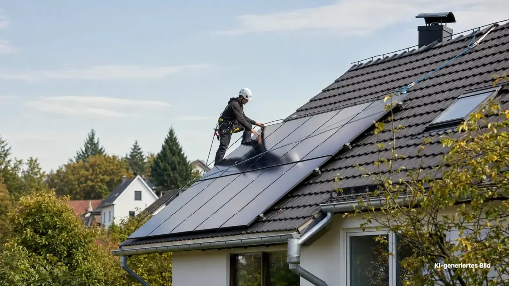 KI-generierte Darstellung eines gesicherten Solartechnikers bei Arbeiten an einer Photovoltaikanlage im Herbst.