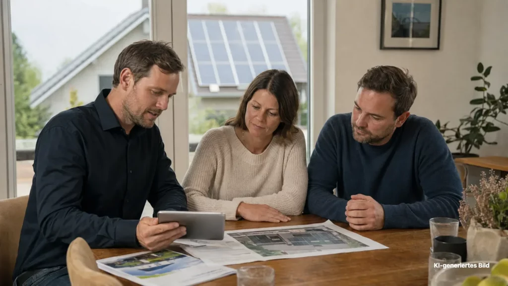 KI-generierte Darstellung einer Solarberatung mit einem Paar, Tablet und Unterlagen zur geplanten Photovoltaikanlage.