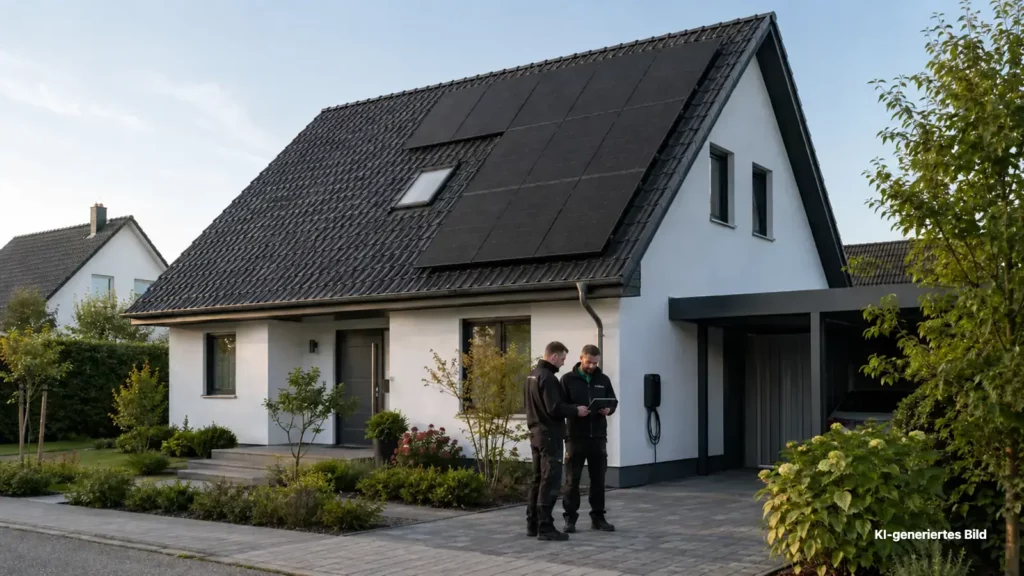 KI-generierte Darstellung zweier Solartechniker vor einem Einfamilienhaus mit Photovoltaikanlage und Wallbox.