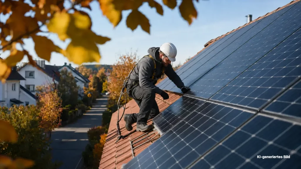 KI-generierte Darstellung eines gesicherten Solartechnikers bei der Kontrolle von Photovoltaikmodulen im Herbst.