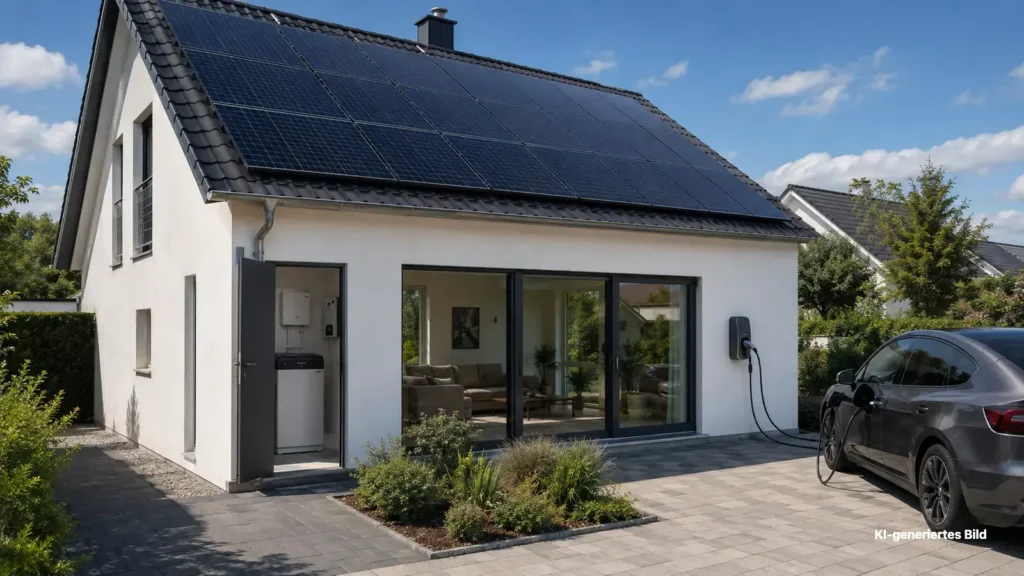 KI-generierte Darstellung eines Hauses mit Photovoltaikanlage, Stromspeicher, Wallbox und ladendem Elektroauto.
