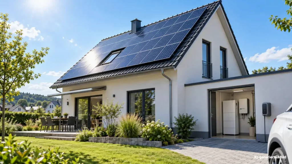 60-Prozent-Regel bei Photovoltaik: Einfamilienhaus mit Stromspeicher, Wallbox und angeschnittenem Elektroauto.