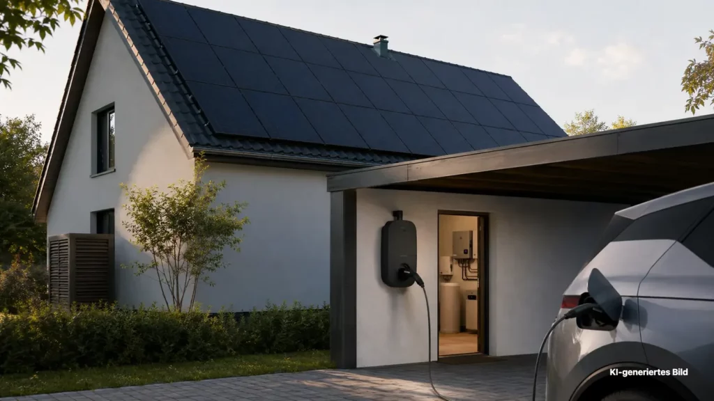 Elektroauto lädt an einer bidirektionalen Wallbox vor einem Einfamilienhaus mit Photovoltaikanlage.