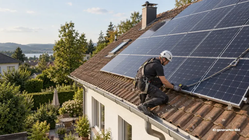 Wie lange hält eine Photovoltaikanlage? Ein gesicherter Solartechniker kontrolliert eine ältere, gepflegte PV-Anlage.