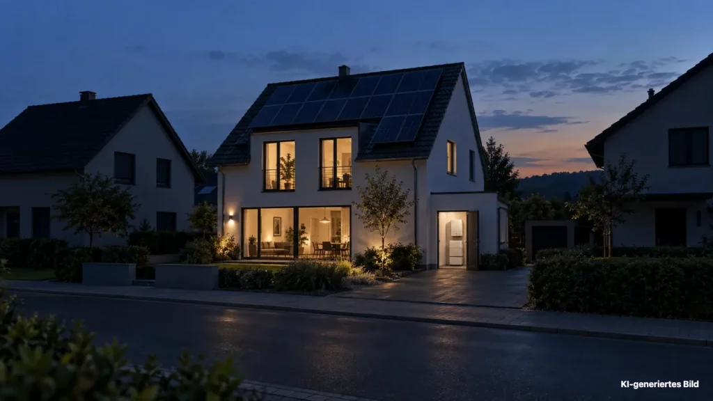 Notstrom und Ersatzstrom: Beleuchtetes Einfamilienhaus mit Photovoltaikanlage und Speicher bei einem Netzausfall.