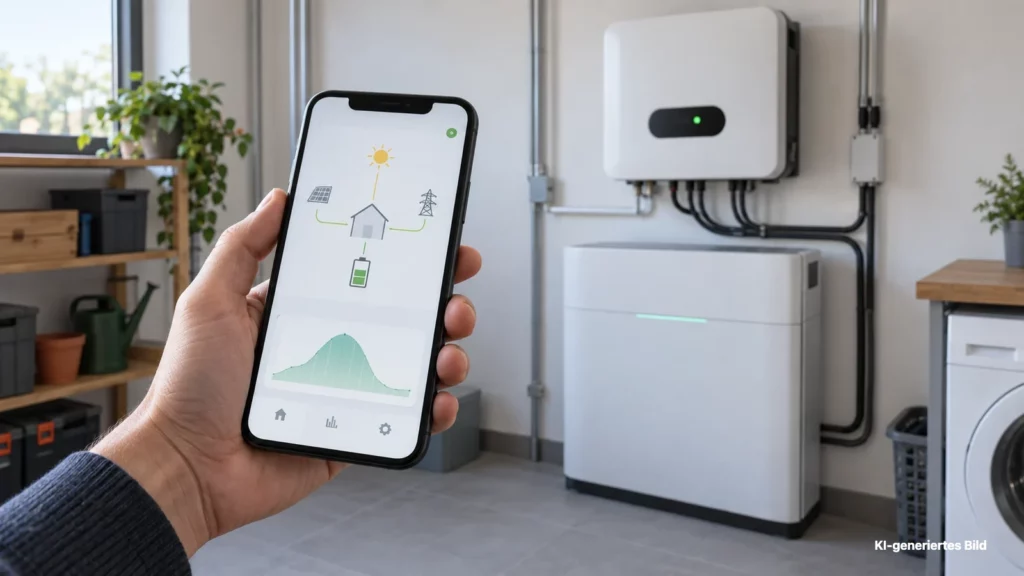 PV-App sicher nutzen: Hand mit Smartphone vor Stromspeicher und Wechselrichter im Technikraum.