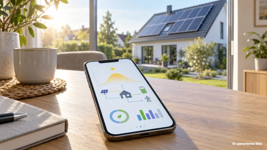 PV-App richtig lesen: Smartphone mit Energiefluss und Erzeugungskurve vor einem Haus mit Photovoltaikanlage.